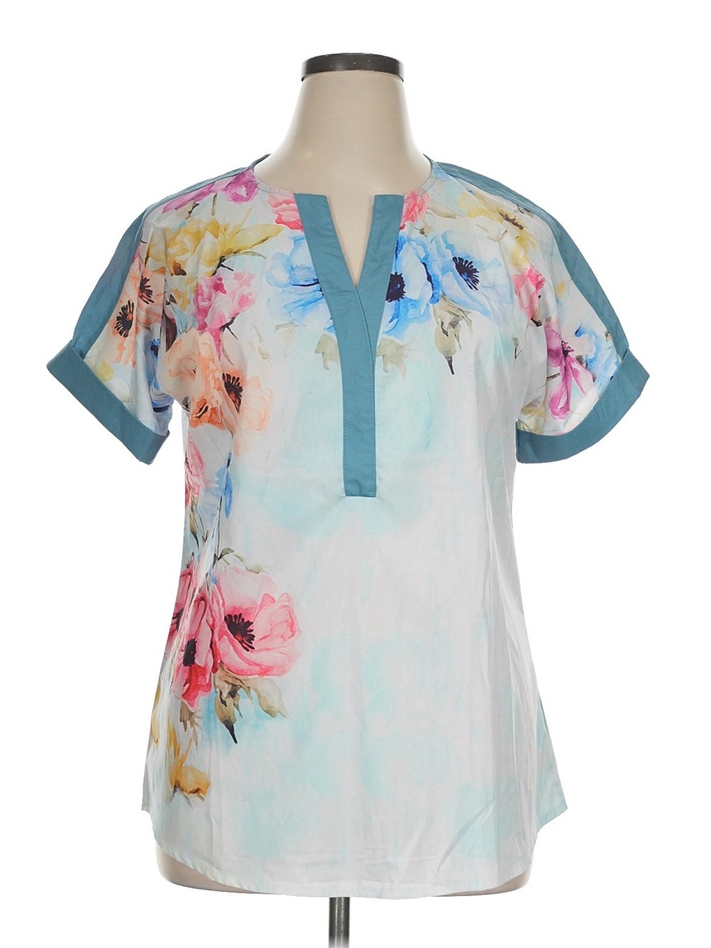Floral Short-Sleeve Split-Neck Top in Teal Accents